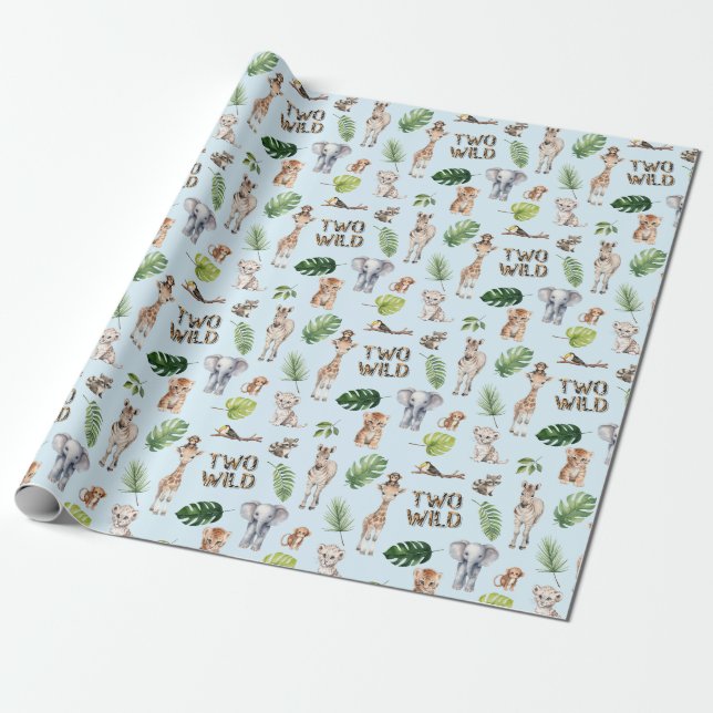 Papier Cadeau Blue Two Wild 2e anniversaire animaux de la jungle (Déroulé)