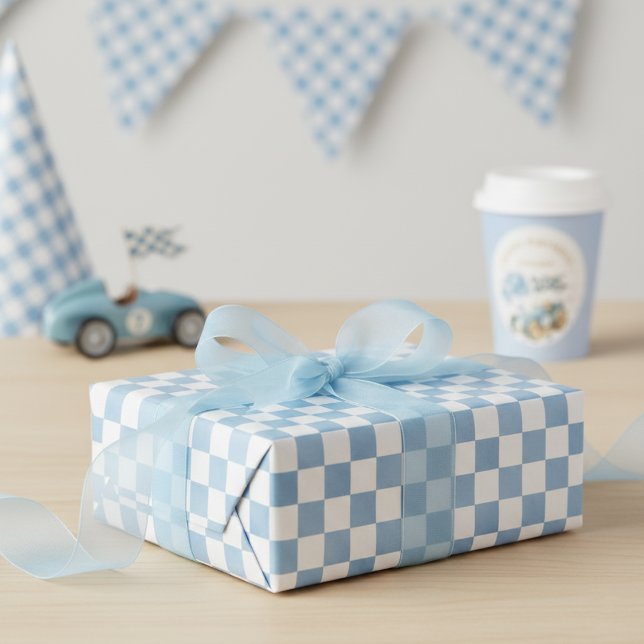 Papier Cadeau Blue Watercolor Checkered Racing Flag (Créateur téléchargé)