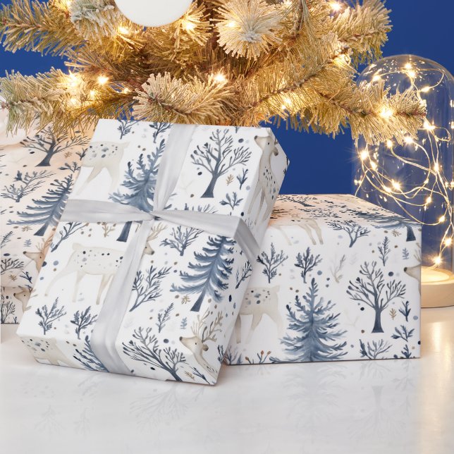 Papier Cadeau Blue White Christmas Trees Deer (Vacances)