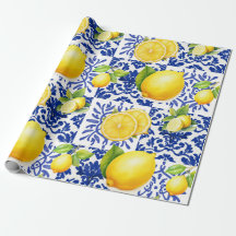 Blue White Lemon Tile Pattern Mediterranean Citrus