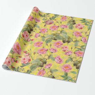 Papier Cadeau Blush Antique Redouté Roses sur motif jaune