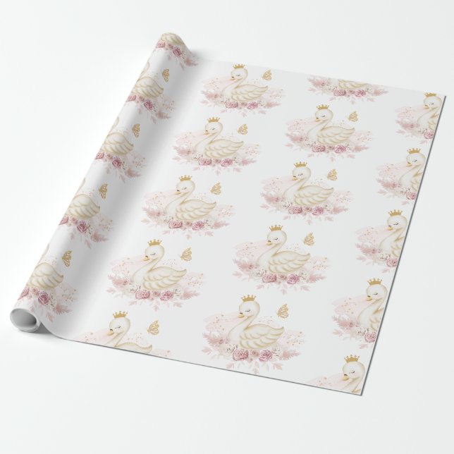 Papier Cadeau Blush Floral Swan Princess Baby shower Anniversair (Déroulé)