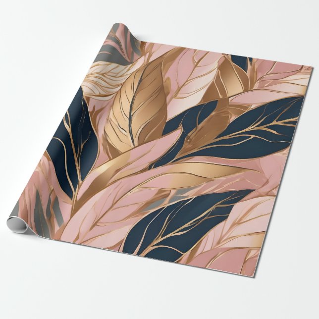 Papier Cadeau Blush Pink Gold Modern Boho Collection Feuilles (Déroulé)
