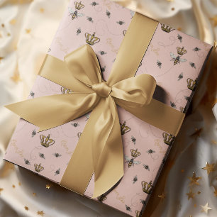 Papier Cadeau Blush Rose Chic Reine Abeille & Couronne Dorée