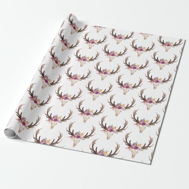 Papier Cadeau bohème, crâne taureau, bois, floral boho (Déroulé)