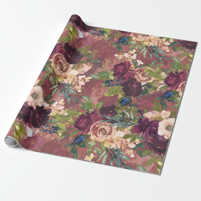 Papier Cadeau Boho aquarelle motifs floraux - Bourgogne | ROSE (Déroulé)