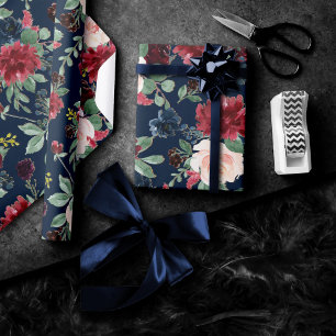 Papier Cadeau Boho Blooms   Dark Navy Bleu et Motif Bourgogne