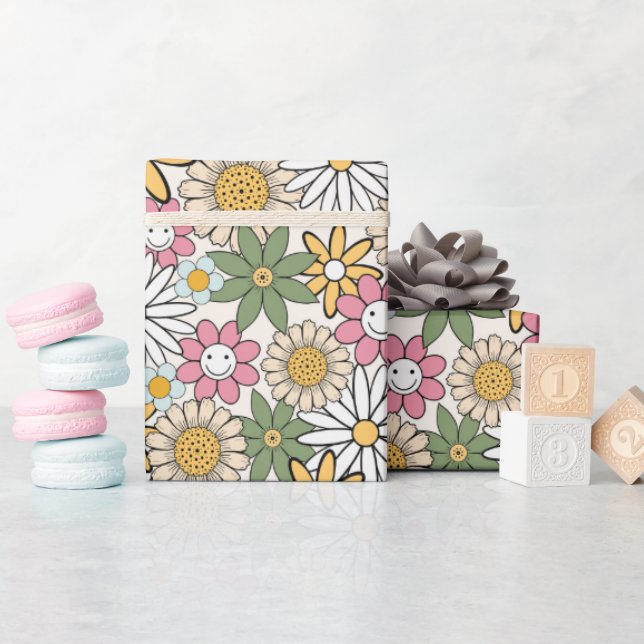 Papier Cadeau Boho Daisy Flowers les années 70 Floral Super (Baby Shower)