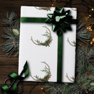 Papier Cadeau Boho Deer Antlers Floral de Noël rouge rustique