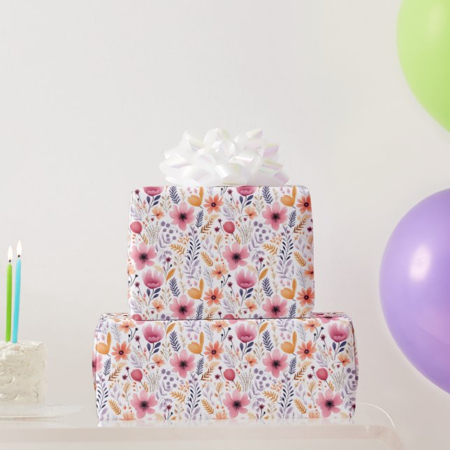 Papier Cadeau Boho Fleur Sauvage Rose Orange Fête Prénatale (Cadeaux de fête)