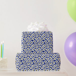 Papier Cadeau Boho Fleurs Blanches Sur Fond Bleu