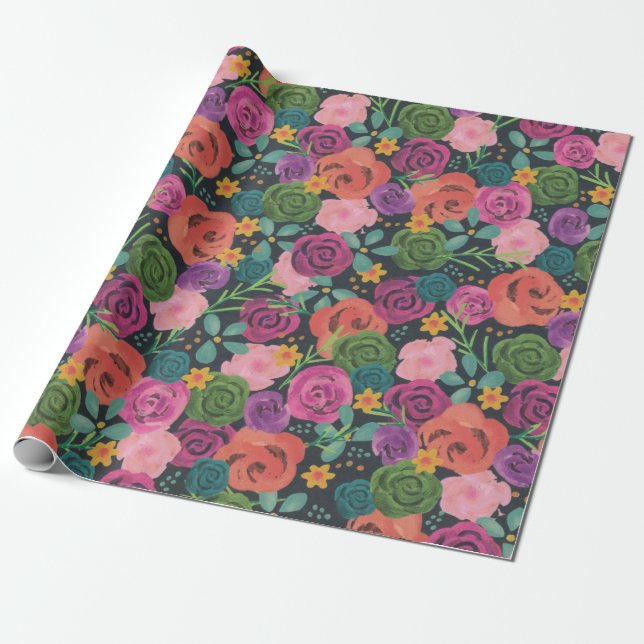 Papier Cadeau boho floral rose élégant chic fleurs botaniques ch (Déroulé)