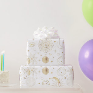 Papier Cadeau Boho Gold Space doodles Design blanc