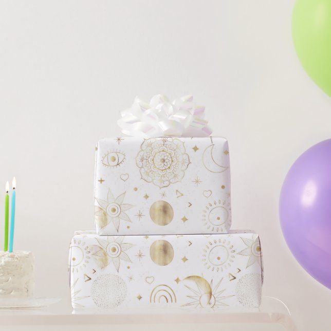 Papier Cadeau Boho Gold Space doodles Design blanc (Cadeaux de fête)