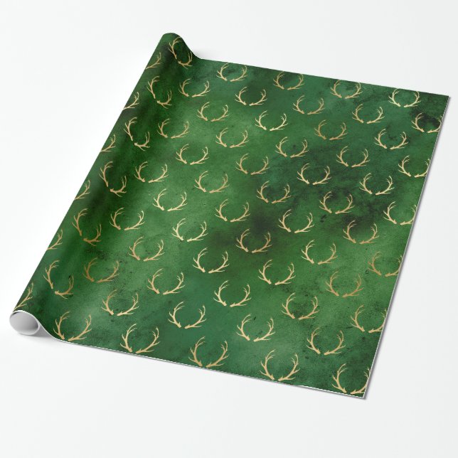 Papier Cadeau Boho Green Gold Antlers Noël (Déroulé)