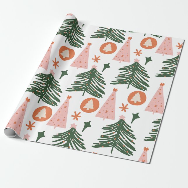 Papier Cadeau Boho Green Rose Orange Arbres de Noël (Déroulé)