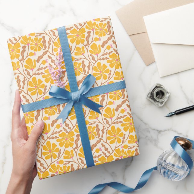 Papier Cadeau Boho Jaune Moyenne Siècle Moderne Motif Floral (Cadeaux)