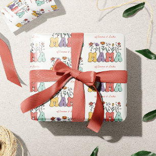 Papier Cadeau Boho Mama Texte avec Fleurs et Noms d'Enfants Moti