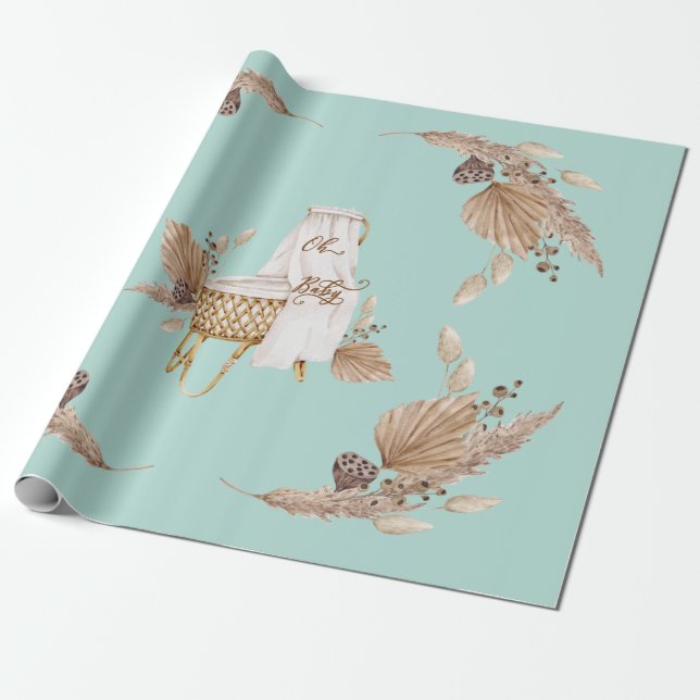 Papier Cadeau Boho Oh Baby Bassinet Baby shower Turquoise (Déroulé)