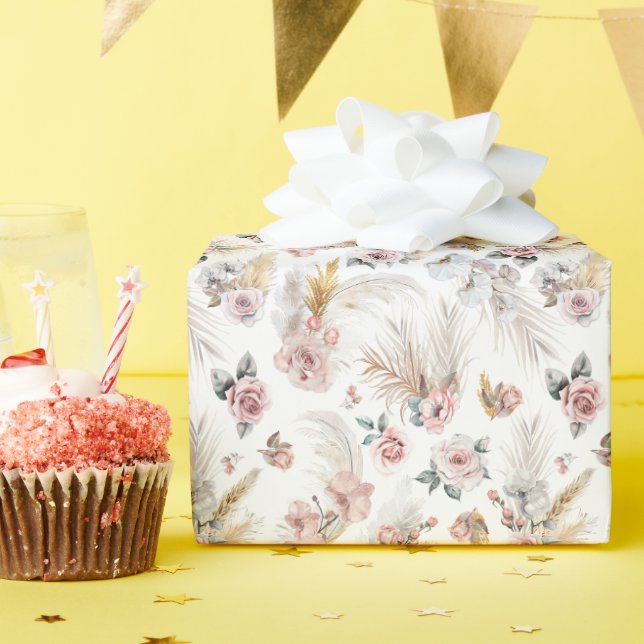 Papier Cadeau Boho Pampas Envelopper Papier Blush Floral (Fête d'anniversaire)