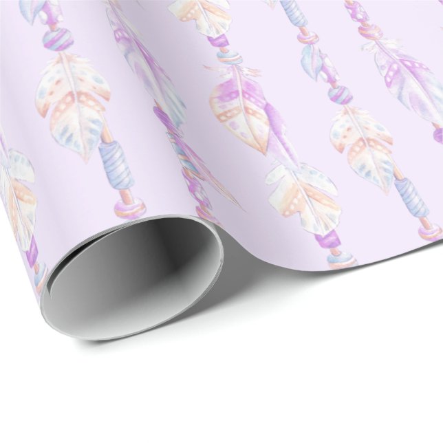Papier Cadeau Boho plumes perles d'aquarelle violette envelopper (Coin rond)