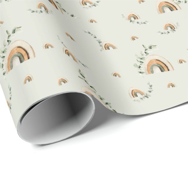 Papier Cadeau Boho rainbows eucalyptus baby shower de pépinière (Coin rond)