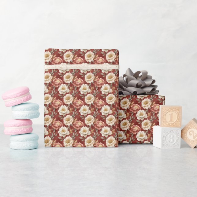 Papier Cadeau Boho rose et floral ivoire sur marron foncé mouche (Baby Shower)