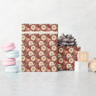 Papier Cadeau Boho Rose & Ivoire Floral sur Marron Moucheté