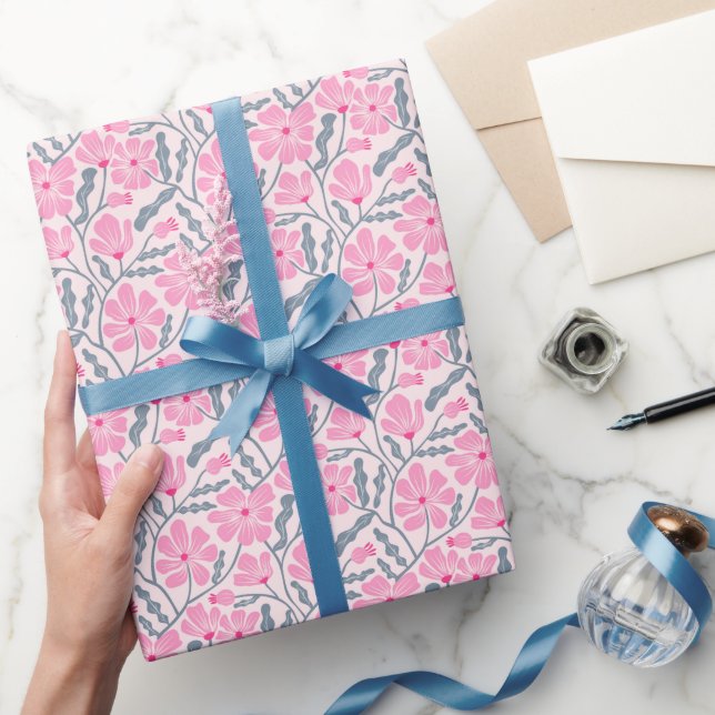 Papier Cadeau Boho rose Moyenne Siècle Moderne Motif Floral (Cadeaux)