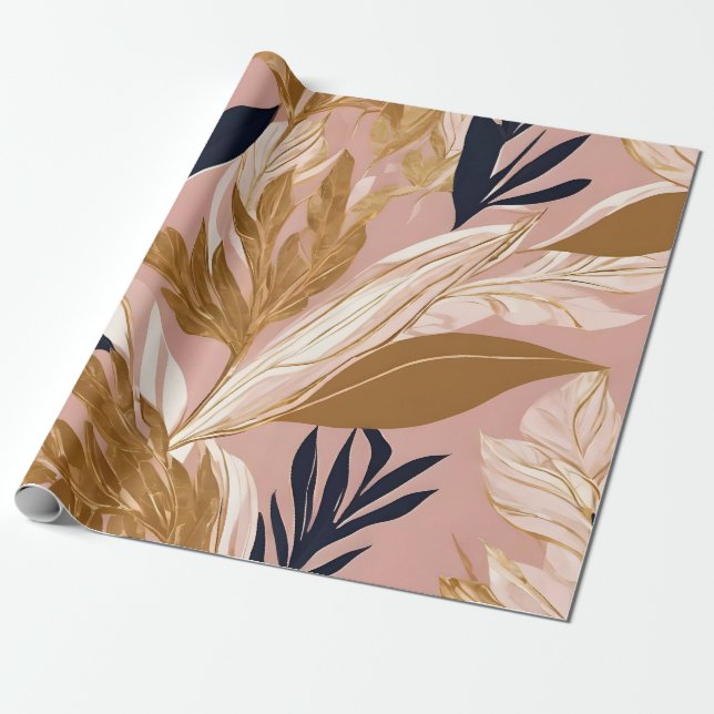 Papier Cadeau Boho rose vif Feuilles Collection moderne (Déroulé)