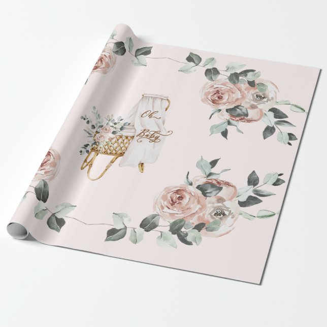 Papier Cadeau Boho Roses Oh Baby Brown et rose Bassinet (Déroulé)