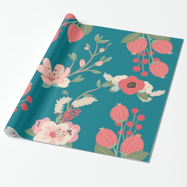 Papier Cadeau Boho Teal floral (Déroulé)