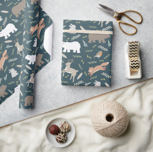 Papier Cadeau Bois Animaux et feuilles Motif Marine Bleu