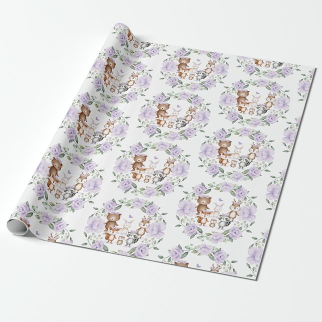 Papier Cadeau Bois Animaux Purple Floral Wreath Anniversaire (Déroulé)