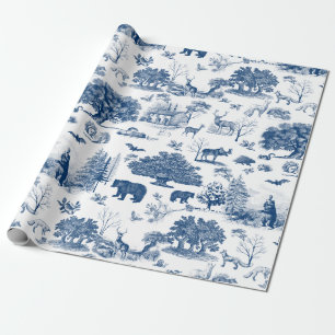 Papier Cadeau Bois de forêt Ours Bleu et blanc Toile Cadeau
