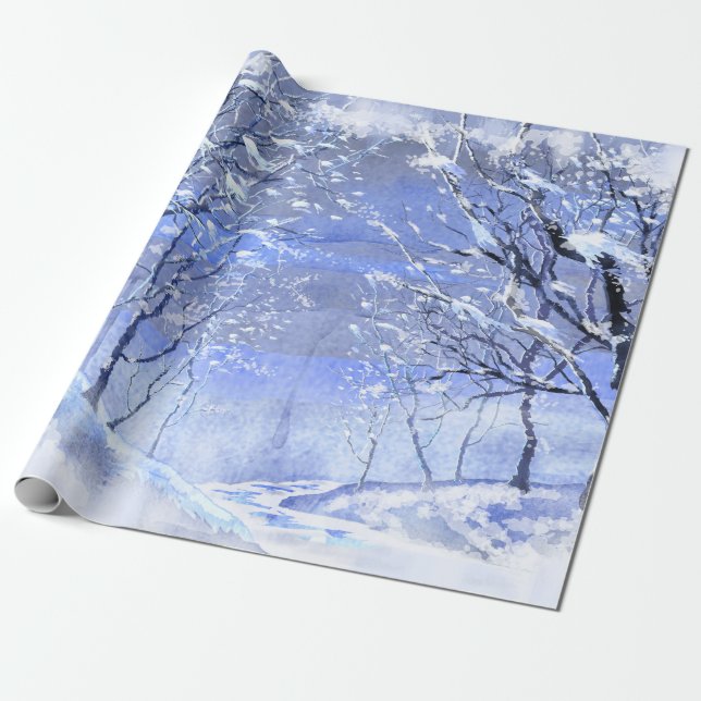 Papier Cadeau Bois d'hiver Aquarelle Peinture Papier d'enveloppe (Déroulé)