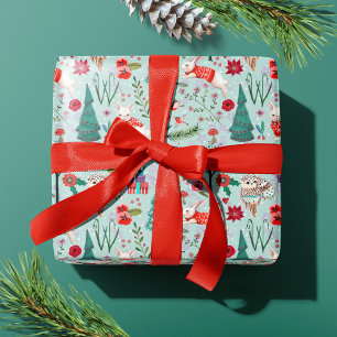 Papier Cadeau Bois d'hiver Bleu et rouge Animaux motifs de forê