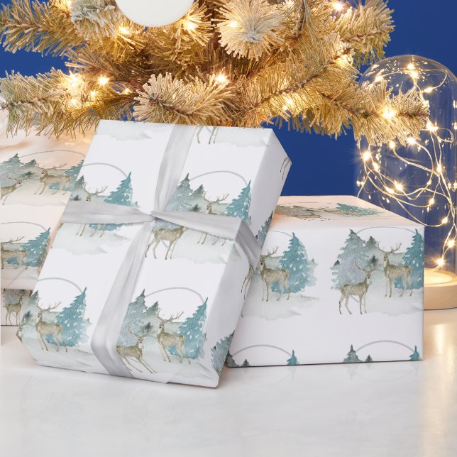 Papier Cadeau Bois Hiver Aquarelle Cerfs Noël (Vacances)