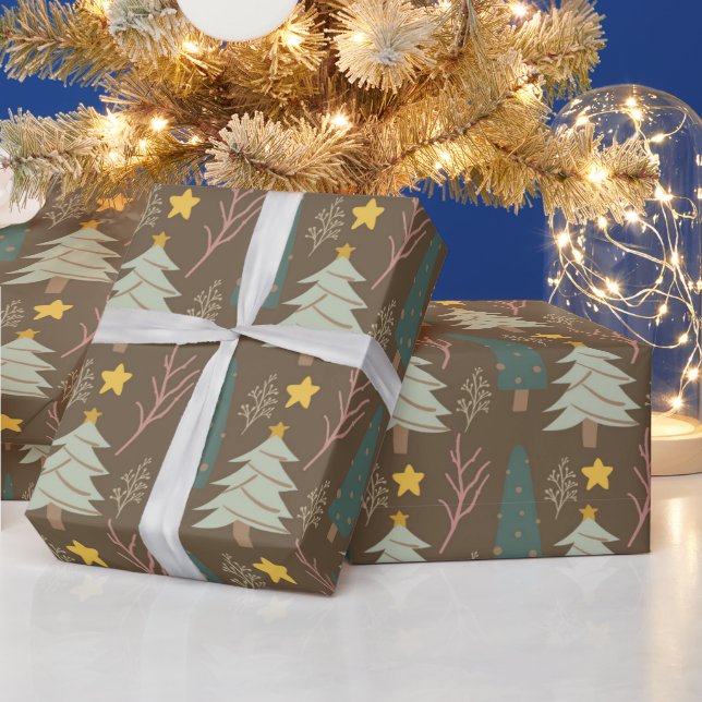 Papier Cadeau Bois Noël Arbres Terre Tons Motif (Vacances)