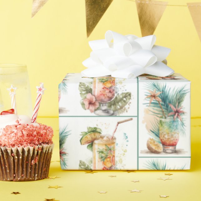 Papier Cadeau Boissons Tropicales En Blanc (Fête d'anniversaire)