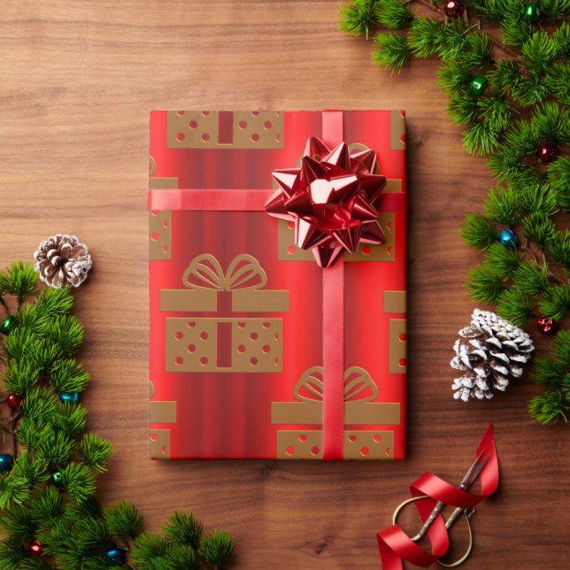 Papier Cadeau Boîtes cadeaux d'or sur Noël contemporain rouge (Créateur téléchargé)