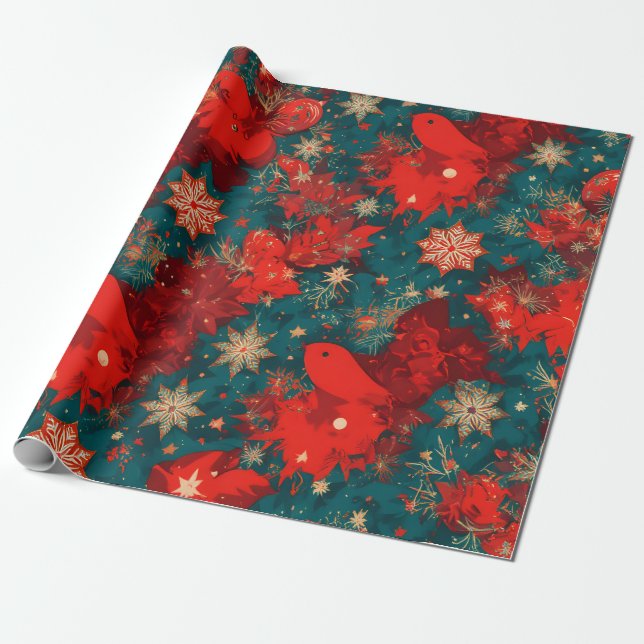 Papier Cadeau Bold Pop Art Christmas Floral with Birds (Déroulé)