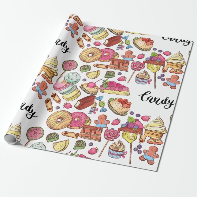 Papier Cadeau Bonbons et Dessert Doodles Sweet Traitements Motif (Déroulé)