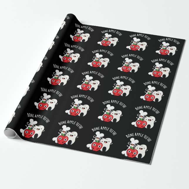 Papier Cadeau Bone Apple Teeth Funny Bona Appetit Pun Dark BG (Déroulé)