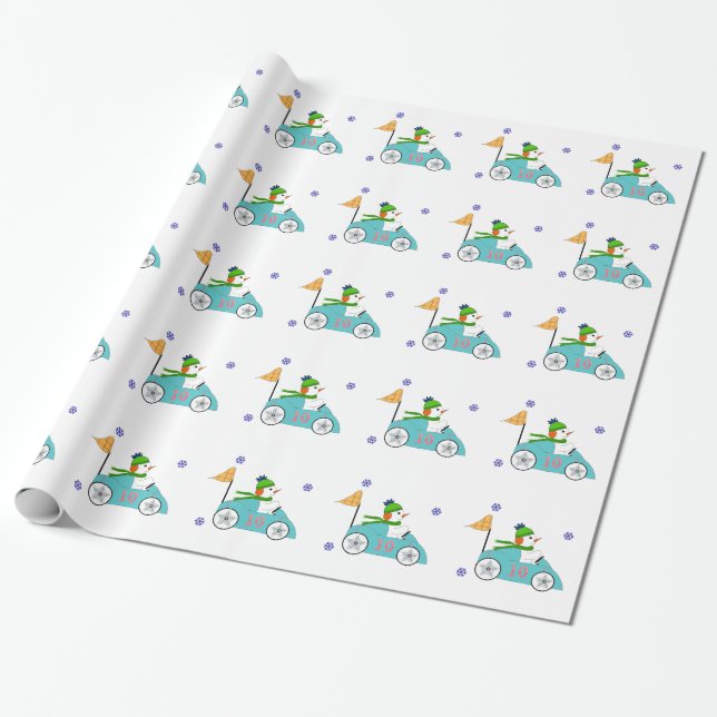 Papier Cadeau Bonhomme de neige conduisant sa voiture de course (Déroulé)