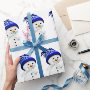 Papier Cadeau Bonhomme de neige de dessin animé en bleu et chape