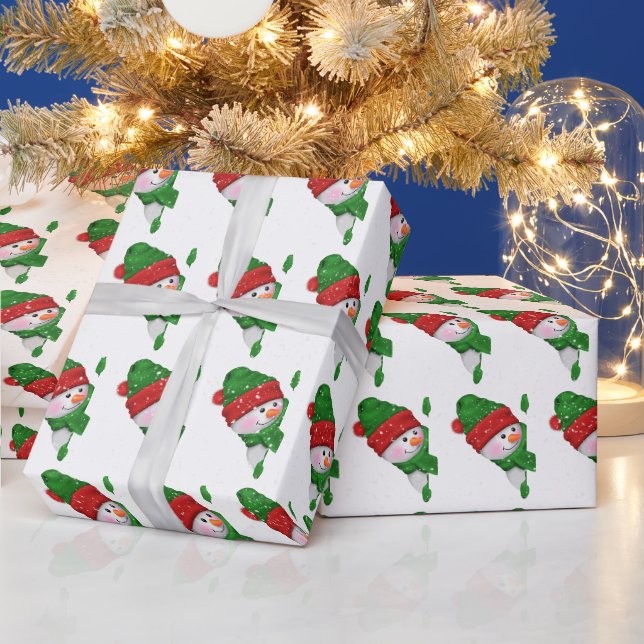 Papier Cadeau bonhomme de neige de Noël avec des flocons de neig (Vacances)