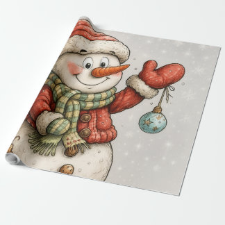 Papier Cadeau Bonhomme de neige joyeux avec des boules de Noël
