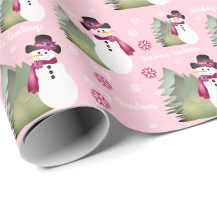 Papier Cadeau Bonhomme de neige rose et burgundy