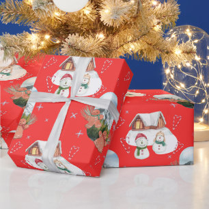 Papier Cadeau Bonhommes de neige et gingerbread Noël rouge festi